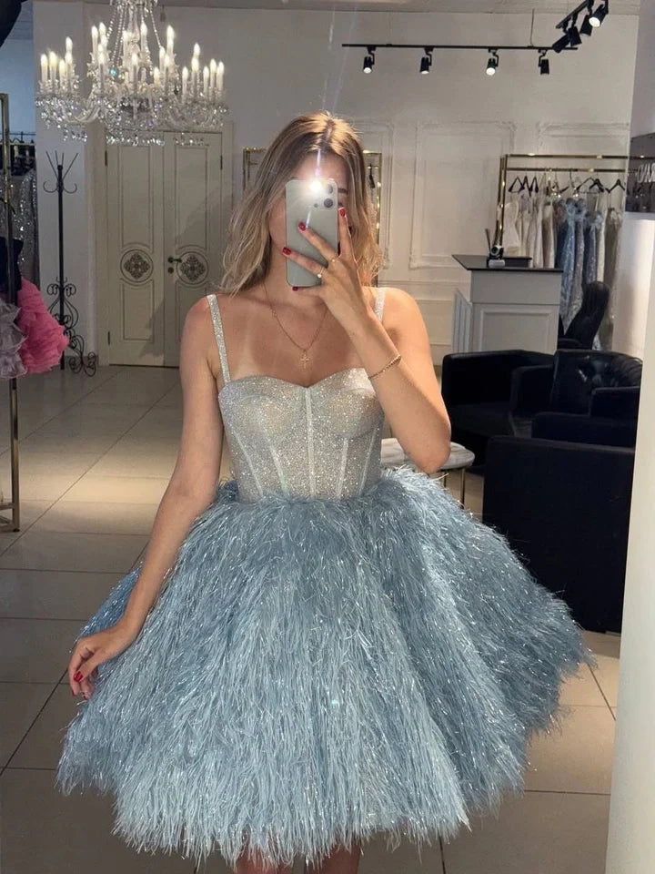 Gorgeous A Line Spaghetti Straps Blue Short Homecoming Dress with Feather DP7216
