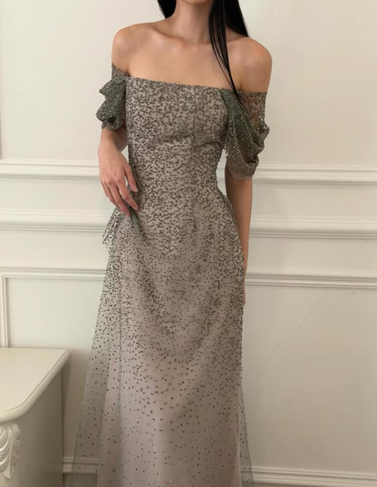 Brown A Line Off the Shoulder Ombre Sequin Tulle Prom Dress Evening Dress DP5776