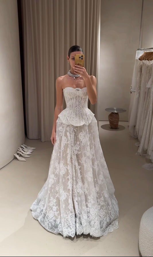 White A Line Sweetheart Neck Lace Long Prom Dress Wedding Dress DP8015