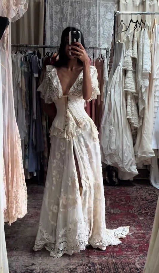 Vintage Ivory A Line V Neck Lace Slit Prom Dress Evening Dress DP8080