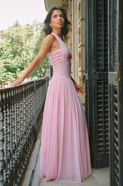Gentle Pink A Line V Neck Chiffon Prom Dress Evening Dress DP5575