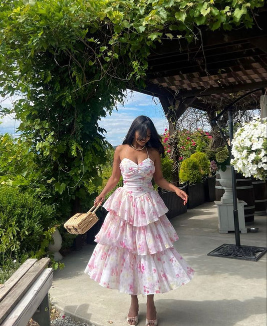 A Line Spaghetti Straps Floral Layered Chiffon Homecoming Dresses DP865