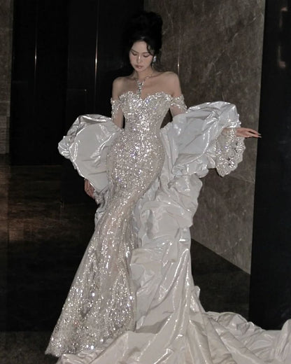 Stunning Mermaid Off the Shoulder Sequin Beaded Tulle Satin Wedding Dress Prom Dress DP4166