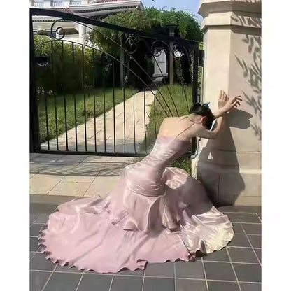 Pink Mermaid Spaghetti Straps Long Prom Dresses Birthday Party Dress Evening Gowns DP4237