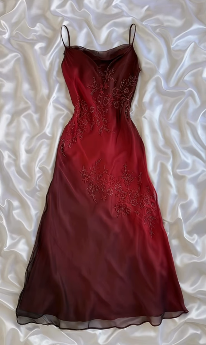 Vintage Red Ombre A Line Straps Beaded Chiffon Prom Dress DP5073