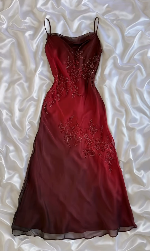 Vintage Red Ombre A Line Straps Beaded Chiffon Prom Dress DP5073