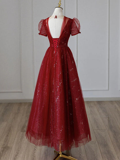 V Neck Sequin Burgundy Tulle Tea Length Prom Dress Evening Dress DP1042