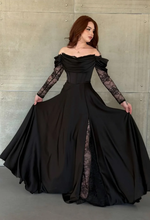 Elegant Black A Line Long Sleeve Lace Satin Prom Dress Eveening Dress DP5632