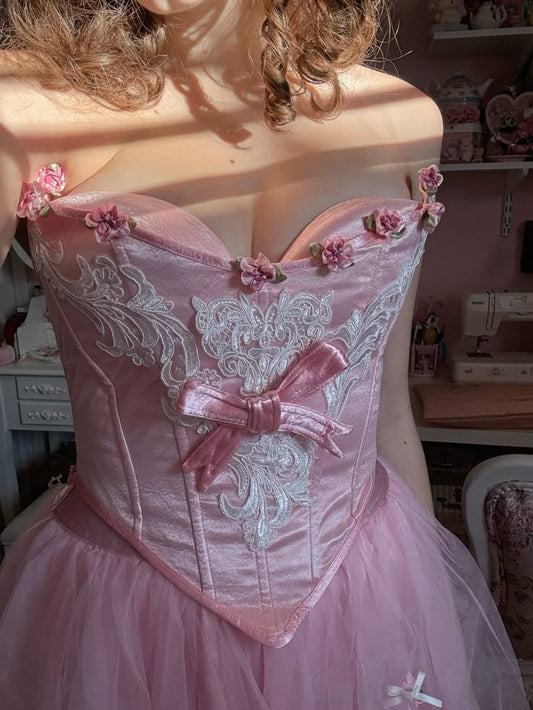 Princess A Line Strapless Lace Flower Pink Satin Tulle Prom Dress Birthday Dress DP2631