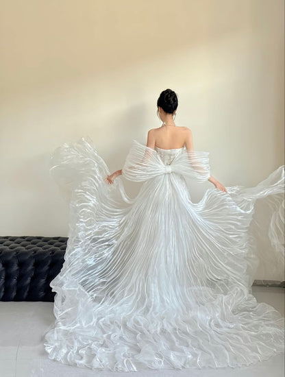 Stunning Fairy Mermaid White Beaded Organza Long Prom Dress Wedding Dress DP5061