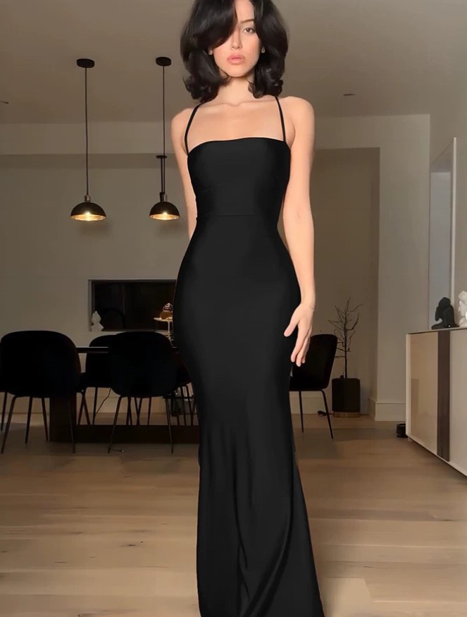 Sexy Brown Sheath Spaghetti Strap Satin Open Back Prom Dress Outfits DP4253