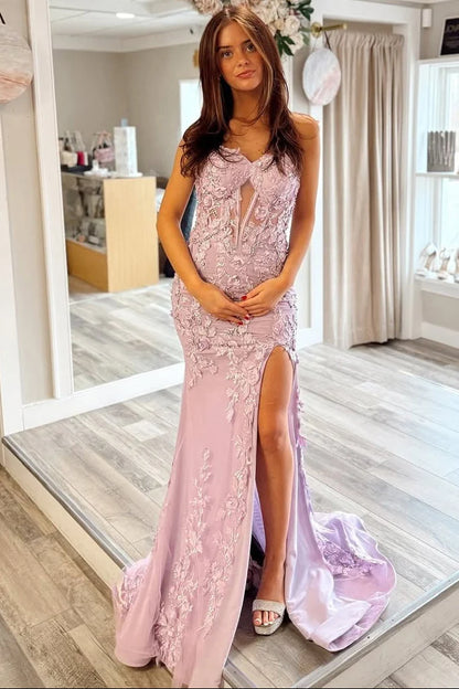 Lilac Mermaid Strapless Lace Appliques Tulle Long Evening Dress Prom Dress DP7683