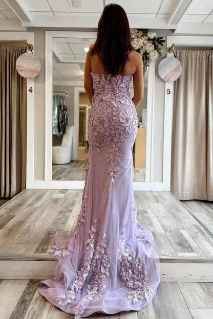 Lilac Mermaid Strapless Lace Appliques Tulle Long Evening Dress Prom Dress DP7683