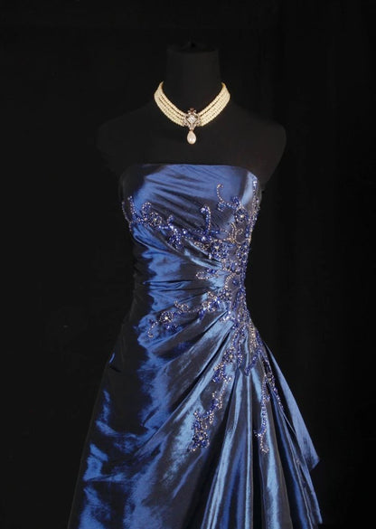 Vintage Ball Gown Strapless Navy Blue Satin Long Prom Dresses Party Dress DP3246