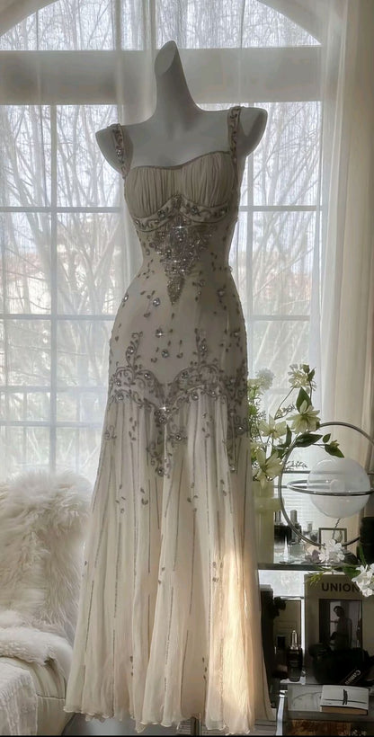Romantic Ivory Flowy Rhinestone Chiffon Prom Dress Date Dress Birthday Dress DP2948
