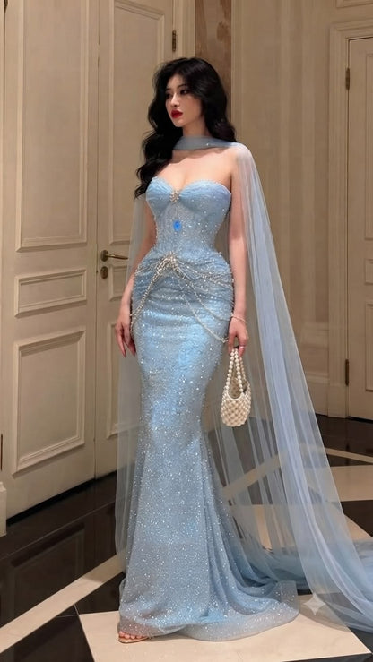 Fairy Blue Mermaid Sweetheart Neck Beaded Sequin Tulle Prom Dress Graduation Prom Dress DP6654