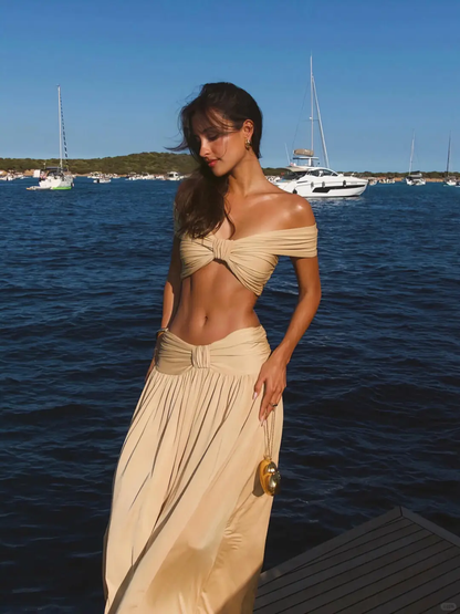 Romantic Light Brown Two Piece A Line Spaghetti Strap Satin Long Prom Dress Outfits DP4538