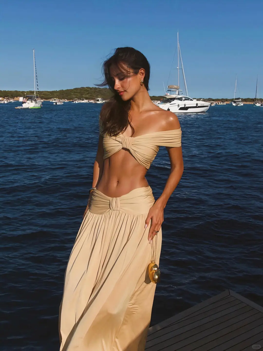 Romantic Light Brown Two Piece A Line Spaghetti Strap Satin Long Prom Dress Outfits DP4538