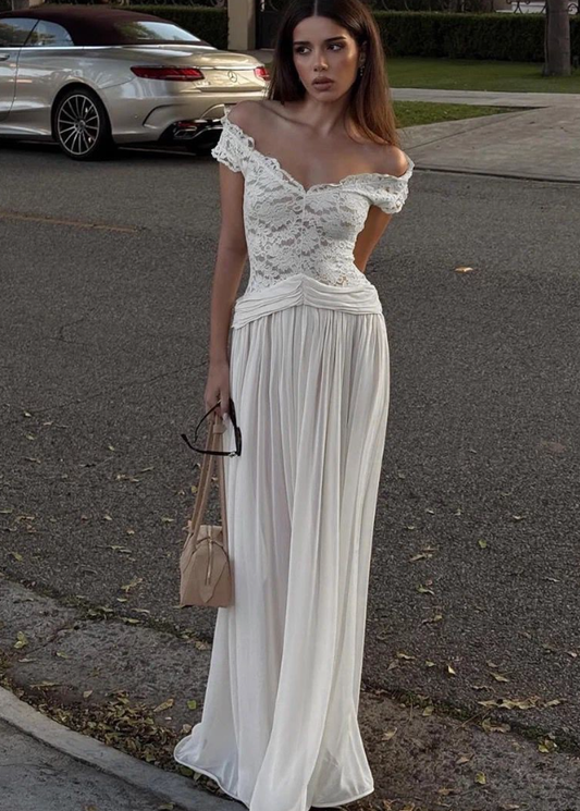 Elegant White A Line V Neck Lace Chiffon Long Prom Dress Evening Prom Dress DP4890