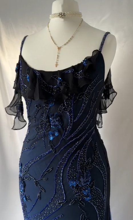 Sparkly Navy Blue Chiffon Beaded Long Prom Dress Formal Party Dress DP658