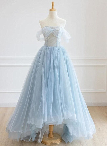 A Line Off-the-shoulder Applique Light Blue Tulle Prom Dress DP764
