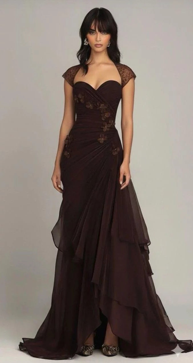 Stunning Brown Mermaid Appliques Layered Chiffon Prom Dress Graduation Prom Dress DP5101
