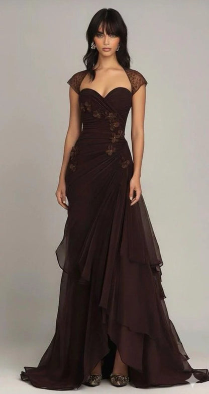 Stunning Brown Mermaid Appliques Layered Chiffon Prom Dress Graduation Prom Dress DP5101