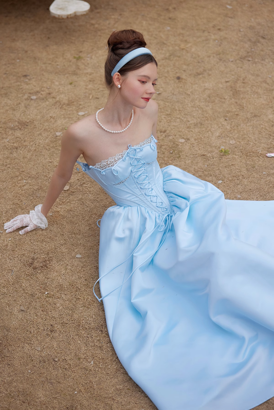 Cinderella A Line Strapless Blue Satin Prom Dress Party Dress DP2736