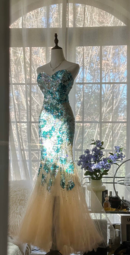 Shiny Mermaid Sweetheart Neck Blue Sequin Tulle Long Prom Dress Evening Dress DP2066