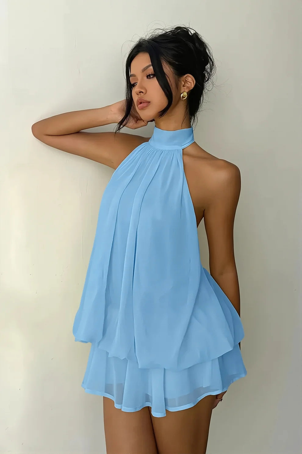 Blue A Line Halter Chiffon Backless Short Homecoming Dress DP7410