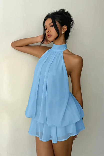 Blue A Line Halter Chiffon Backless Short Homecoming Dress DP7410