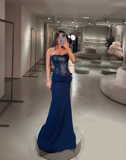 Sexy Dark Blue Mermaid Sequin Satin Prom Dress Evening Dress DP5145