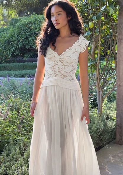 Elegant White A Line V Neck Lace Chiffon Long Prom Dress Evening Prom Dress DP4890
