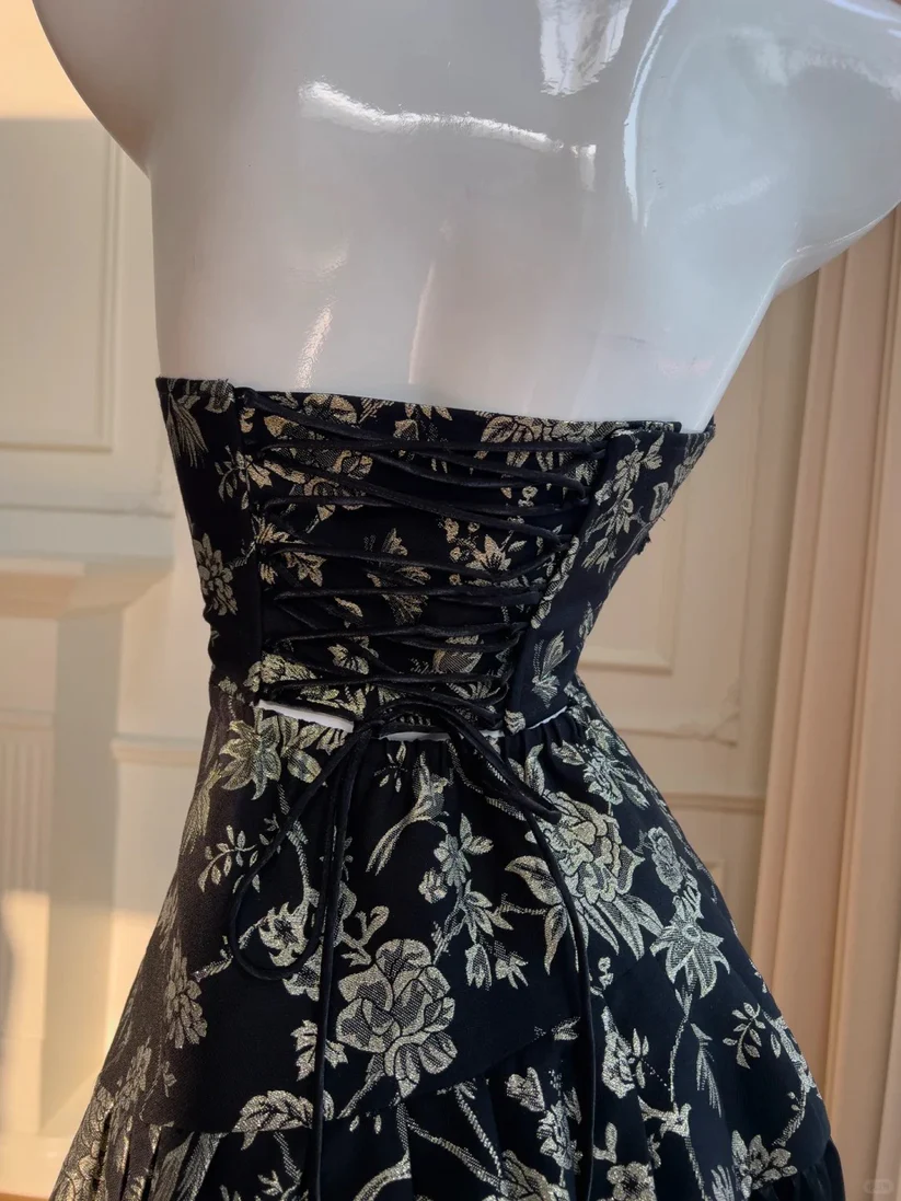 Vintage A Line V Neck Black Print Floral Satin Long Prom Dress Evening Dress DP4740