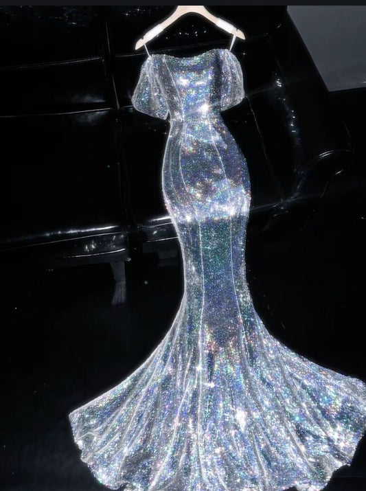 Shiny Silver Mermaid Off the Shoulder Sequin Long Prom Dress Evening Dress Date Dress DP3112