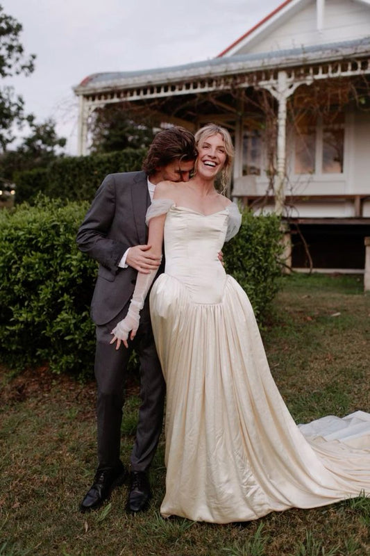 Retro Apricot A Line Off the Shoulder Satin Long Train Wedding Dress DP6075