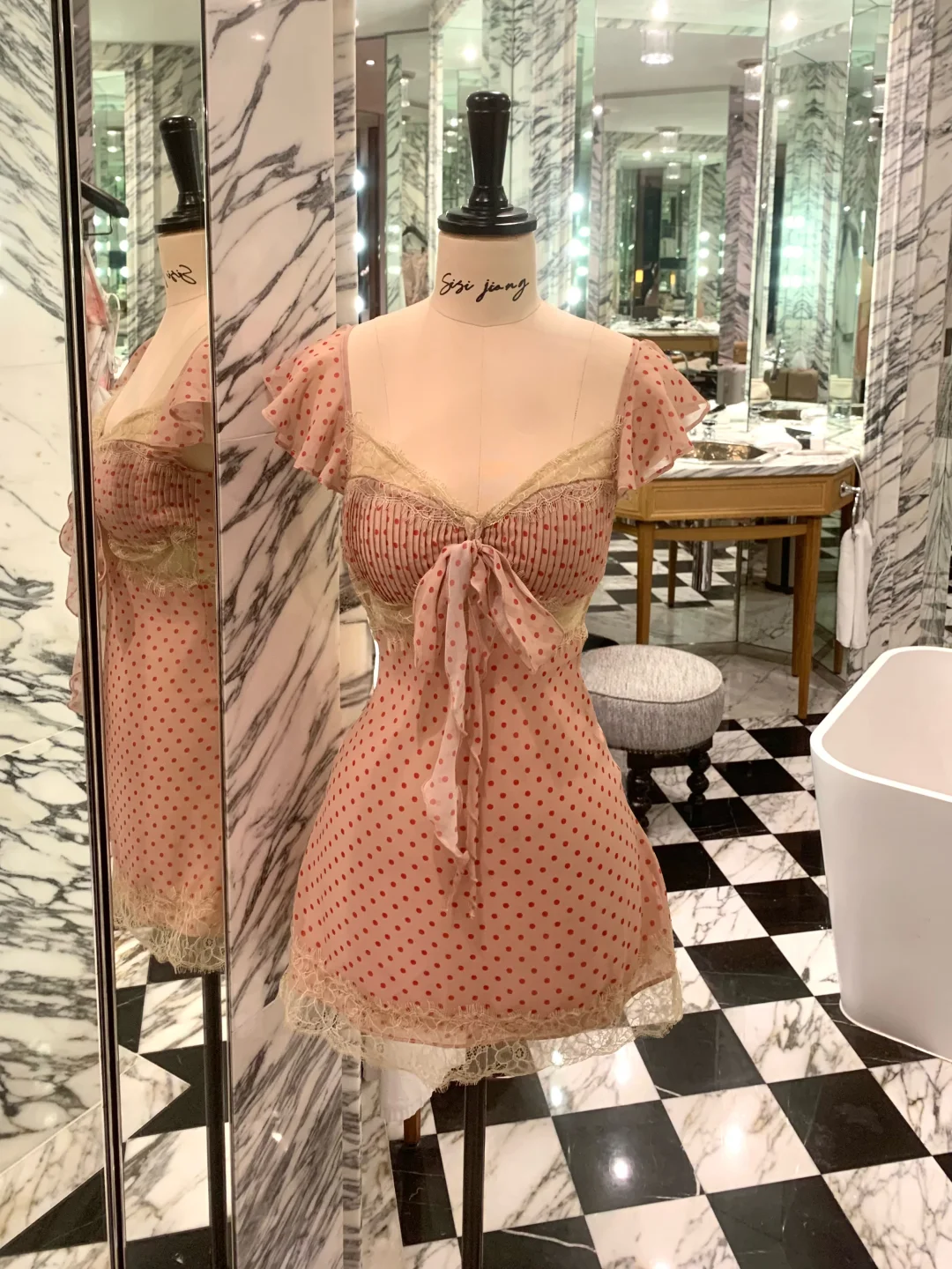 Pink Polka Dot A Line Straps Chiffon Short Prom Dress Homecoming Dress DP5467