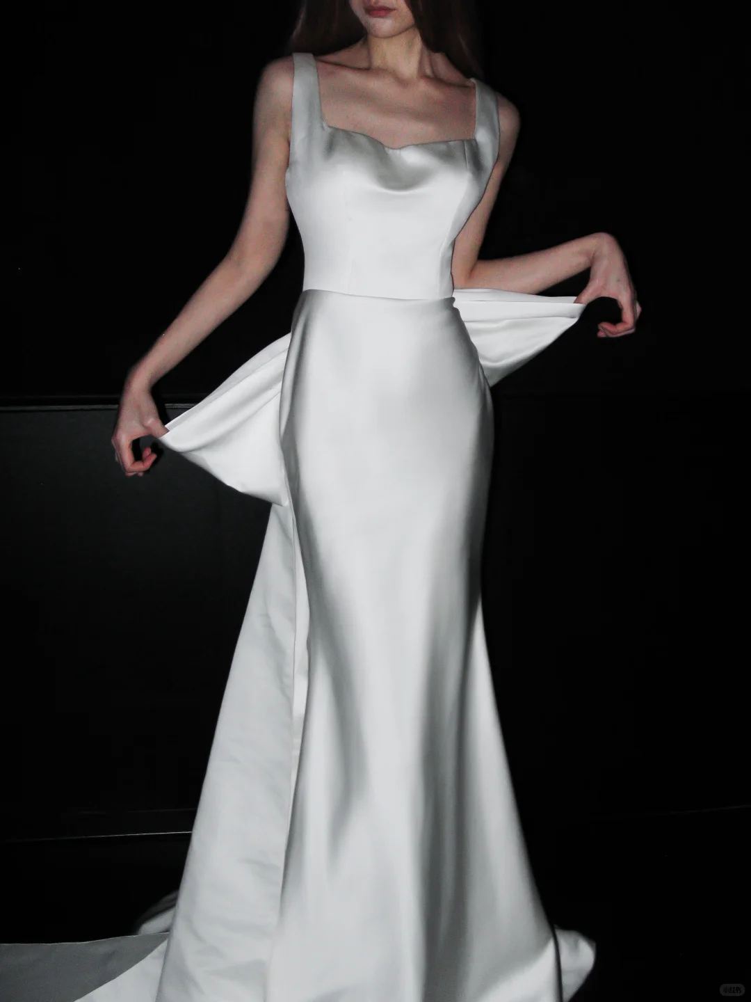 Big Bowknot Mermaid Strap White Lace Satin Long Wedding Dress DP8123