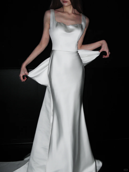 Big Bowknot Mermaid Strap White Lace Satin Long Wedding Dress DP8123