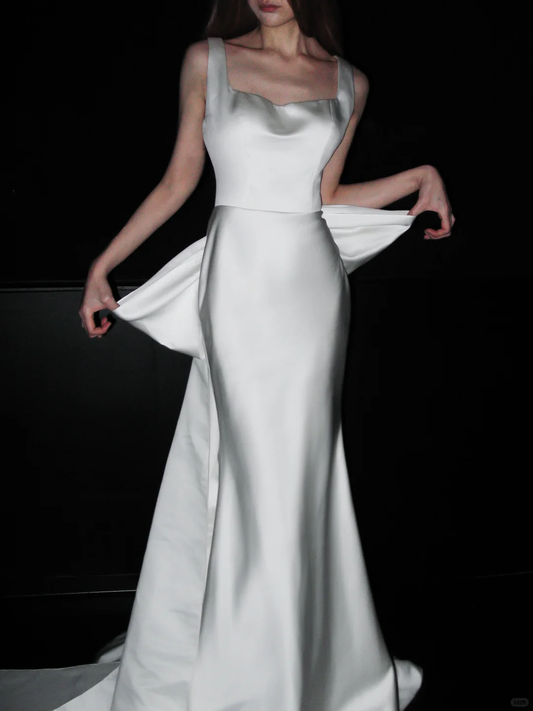Big Bowknot Mermaid Strap White Lace Satin Long Wedding Dress DP8123