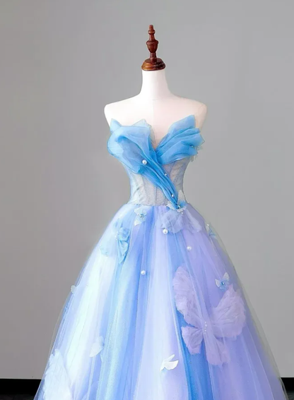 Blue-purple Ombre Ball Gown Strapless Butterfly Tulle Prom Dress Quinceanera Dress DP6613
