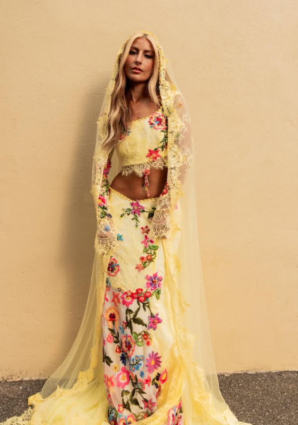 Floral Exquisite Two Piece Mermaid Long Sleeve Yellow Lace Tulle Prom Dress Wedding Dress DP3388