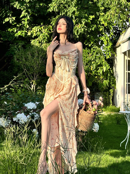 Gentle A Line Spaghetti Strap Print Floral Chiffon Long Prom Dress Party Dress DP3964