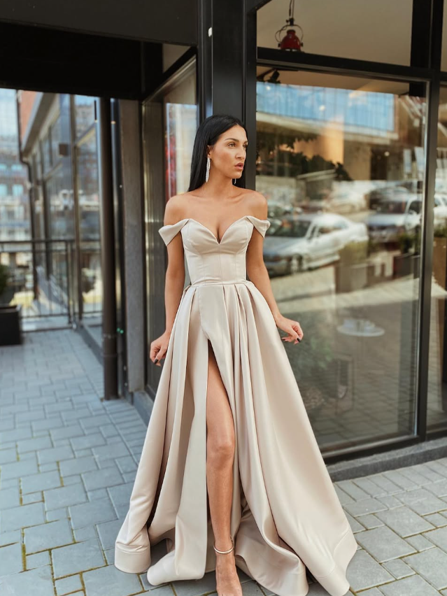 Apricot A Line V Neck Satin Prom Dress Evening Dress with Slit DP5597