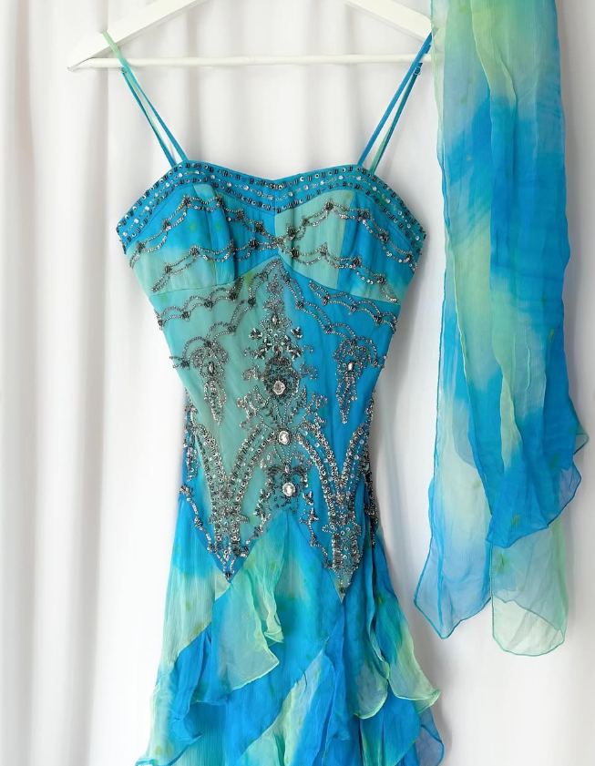 Vintage Blue Green Ombre Mermaid Ruffle Beaded Chiffon Homecoming Dress Evening Dress Date Dress DP3040