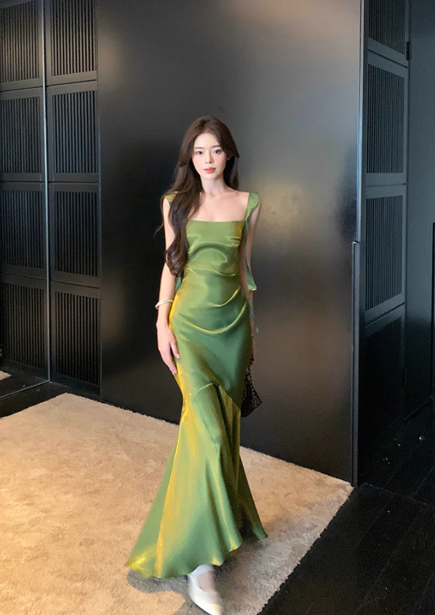 Shiny Green Mermaid Straps Satin Prom Dress Formal Dress Evening Dress DP3454