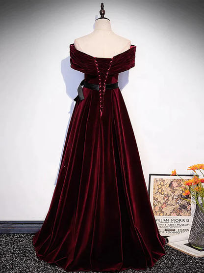 Burgundy Velvet Off The Shoulder Long Evening Dress Prom Dress DP005