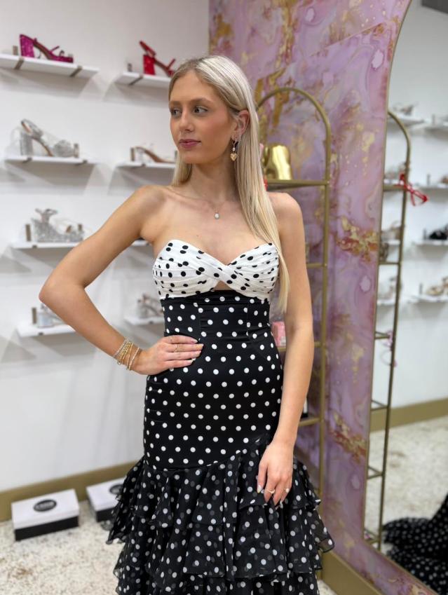 Cute Polka Dot Mermaid Strapless Layered Satin Long Prom Dress Evening Dress DP6263