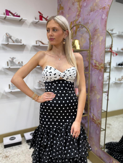 Cute Polka Dot Mermaid Strapless Layered Satin Long Prom Dress Evening Dress DP6263