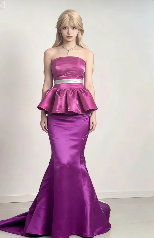 Barbie Pink Mermaid Strapless Satin Long Prom Dress Evening Dress DP3191